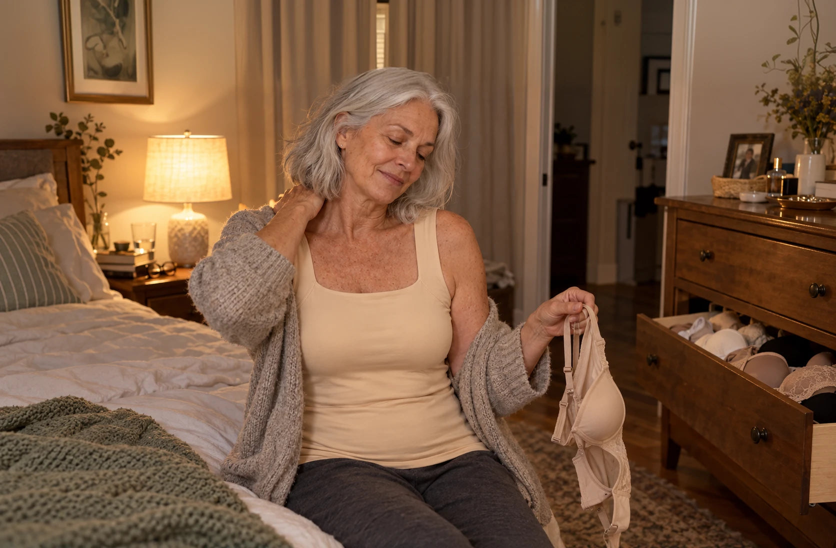 Woman over 50 rubbing her sore shoulder where her bra strap digs in
