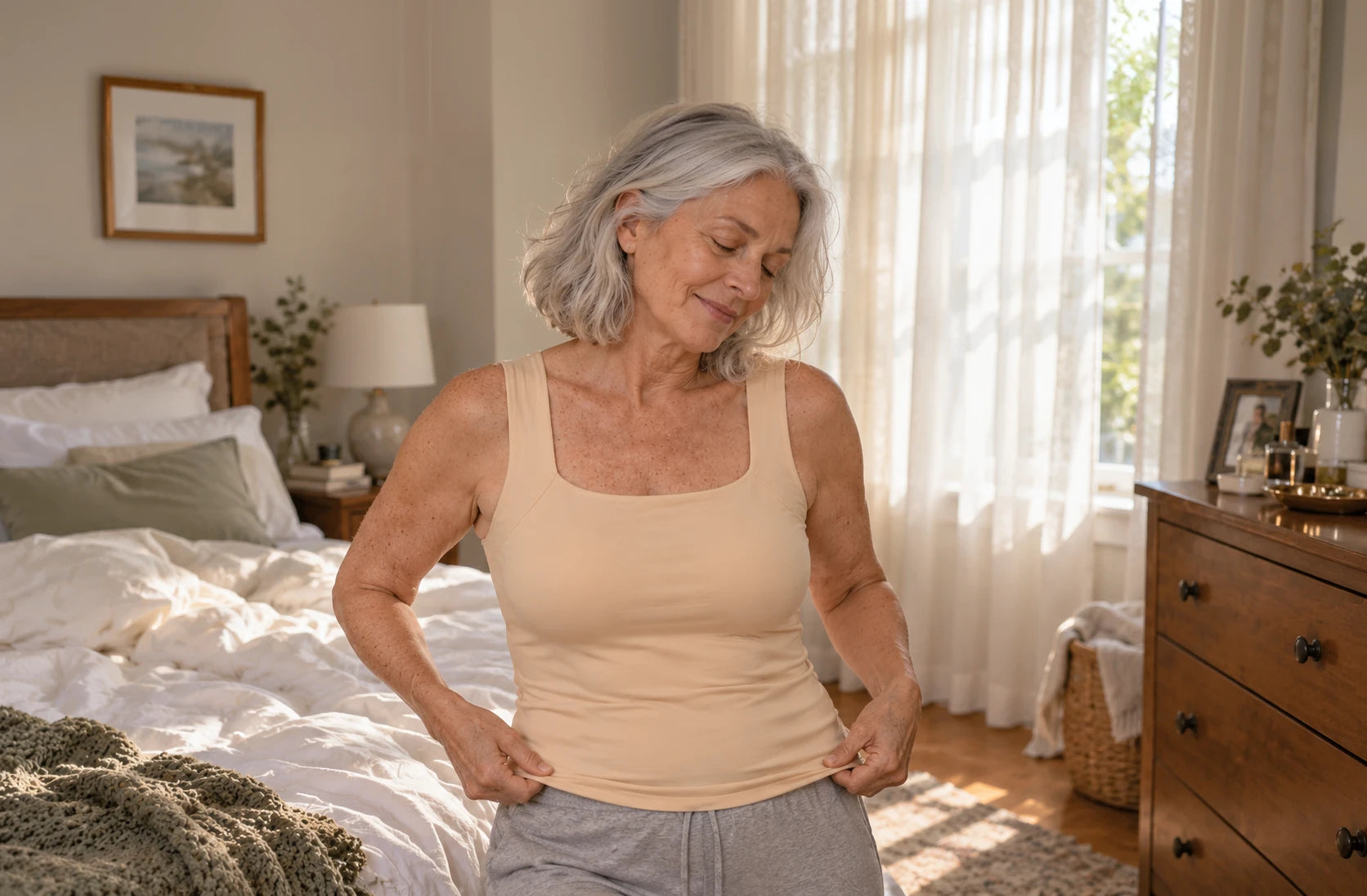 Woman pulling Maggie’s Comfort Shaper Tank over her head