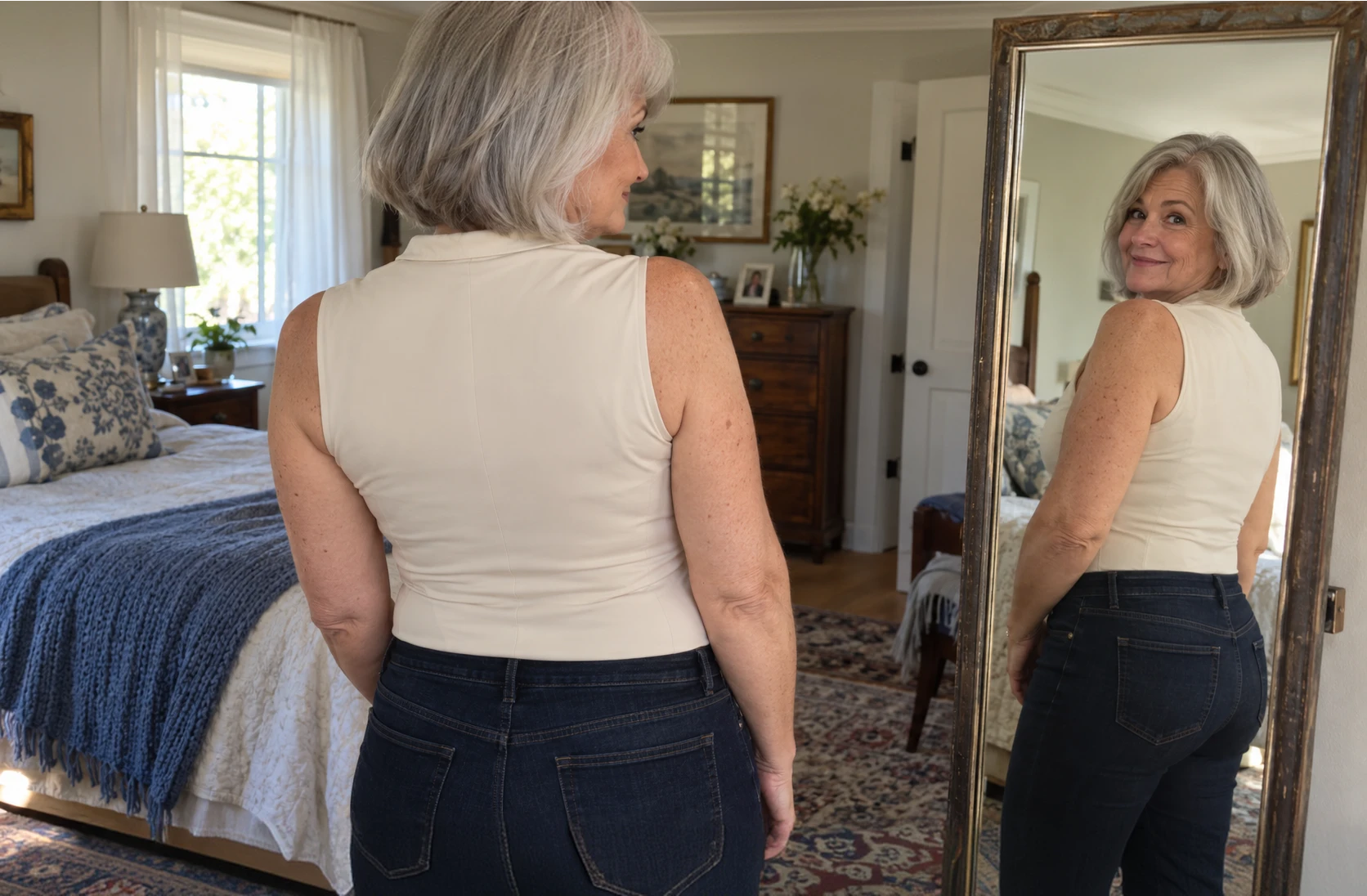 Smooth back view of a woman in a light blouse over Maggie’s Tank