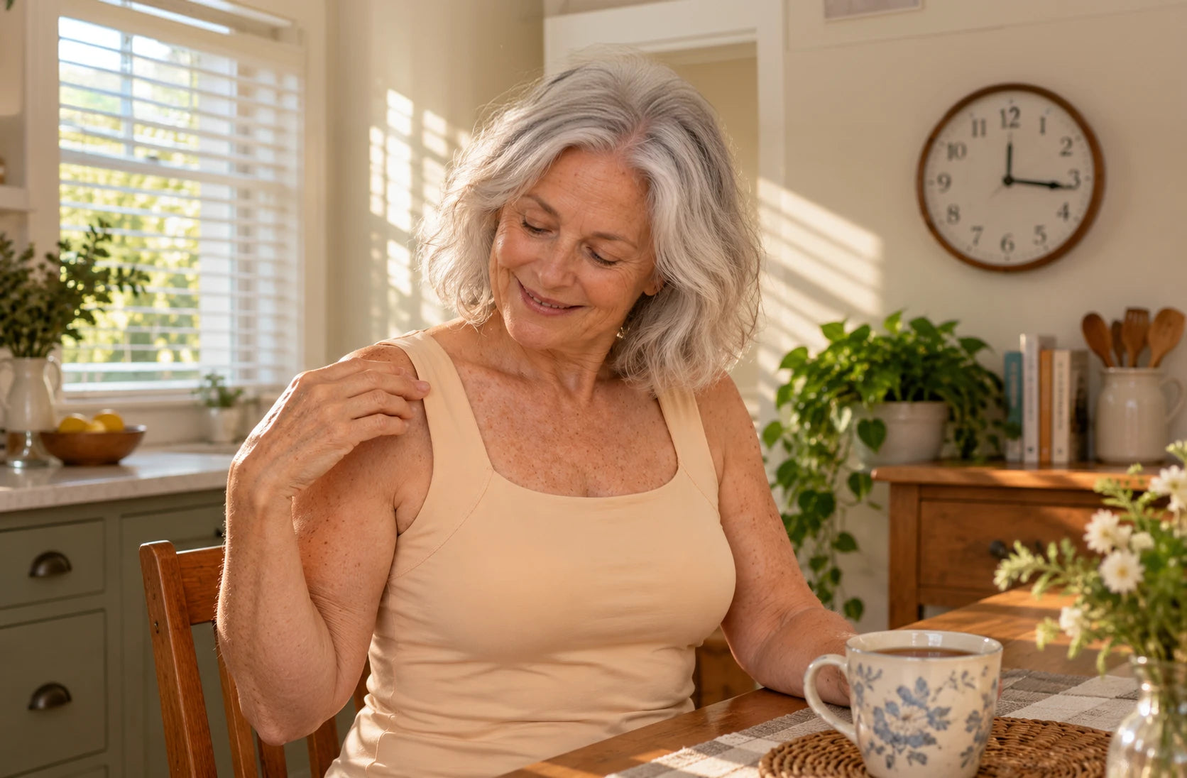 Close-up of the wide, seamless shoulder straps of Maggie’s Tank
