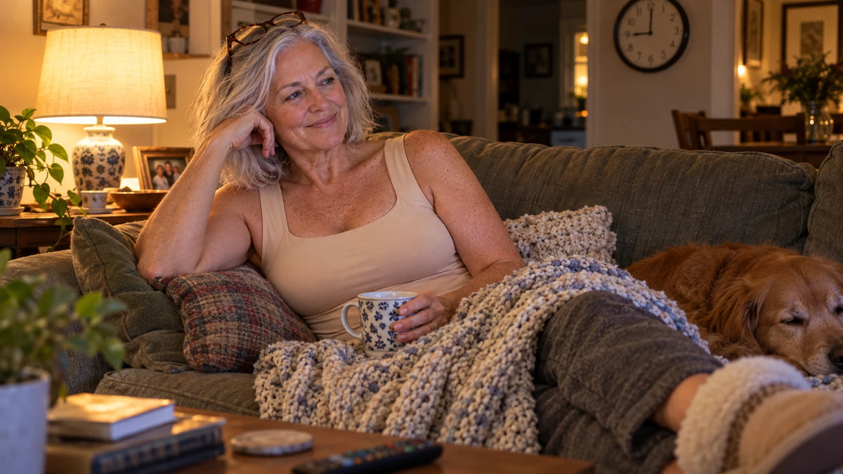 Barb relaxing on the couch in the evening, still wearing the tank