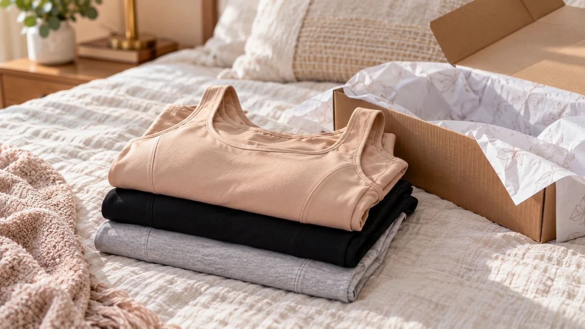 Three Maggie's tanks in neutral tones with the 90-Day Guarantee badge and Free Shipping icon
