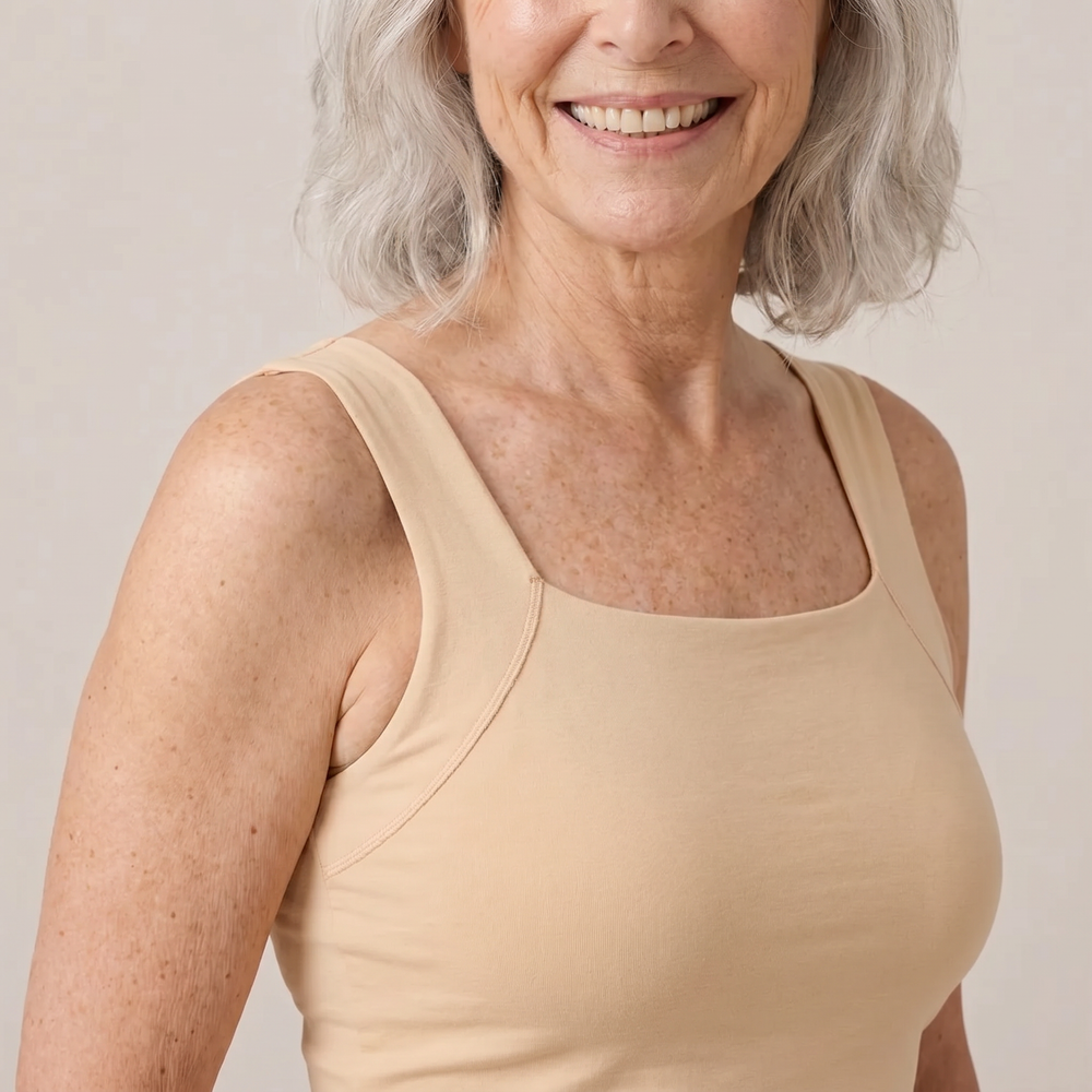 Maggie wearing the built-in bra comfort tank