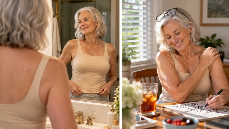 Barb in the bedroom mirror at 7 AM wearing her Maggie's tank