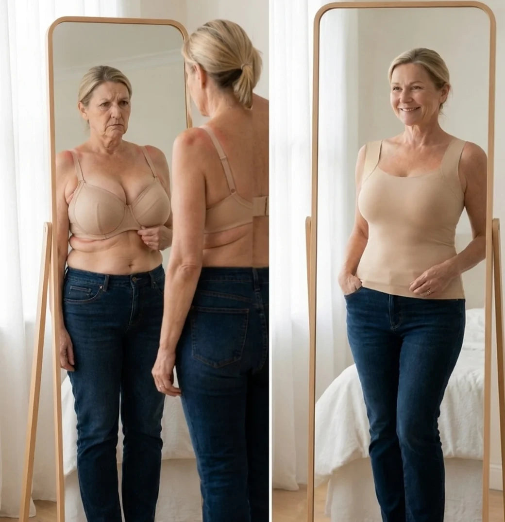 Woman over 50 in an underwire bra next to the same woman wearing Maggie’s Comfort Shaper Tank