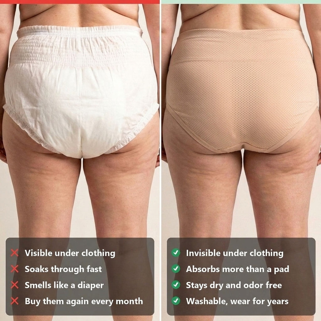 Maggie’s leakproof brief next to a disposable incontinence pull-up, back view comparison