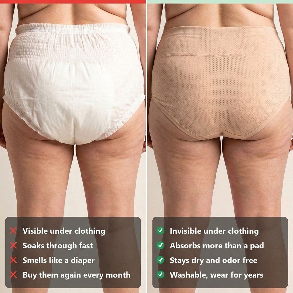 Maggie’s leakproof brief next to a disposable incontinence pull-up, back view comparison