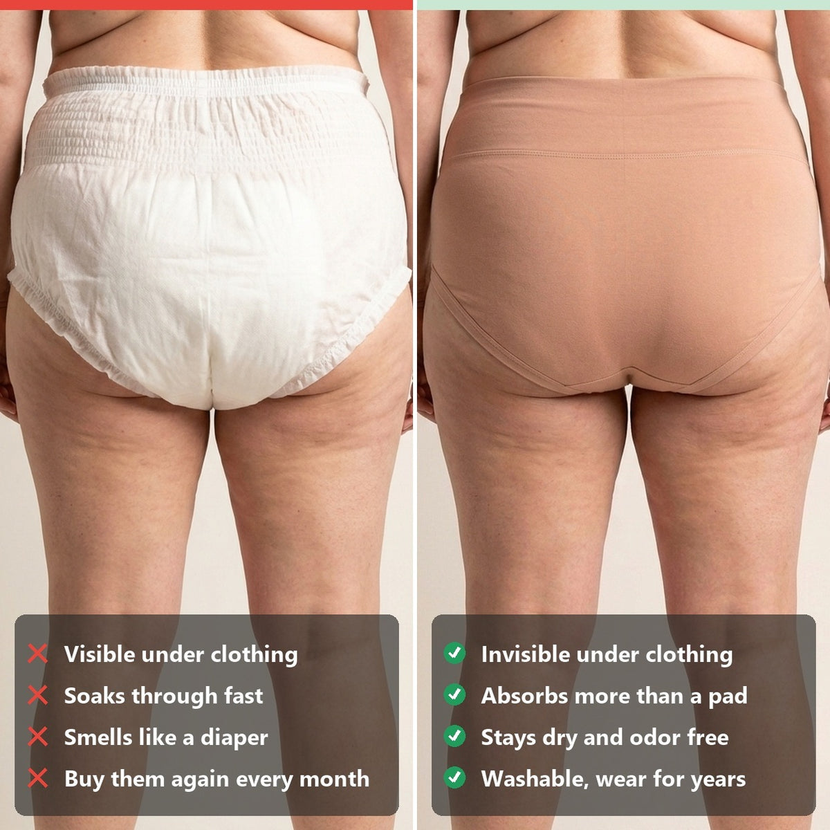 Maggie’s leakproof brief next to a disposable incontinence pull-up, back view comparison