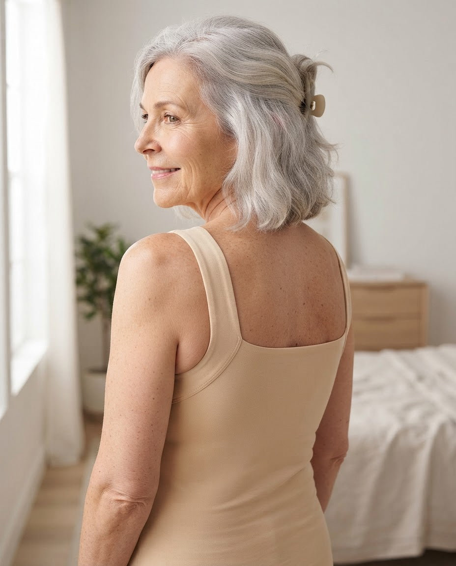 Woman glancing over her shoulder, smooth back with no bra band or straps in Maggie's tank