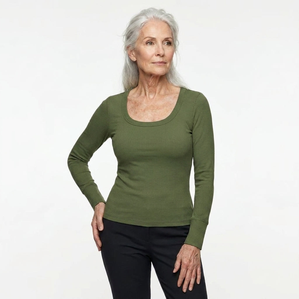Mary's Tanks Contour Ribbed Long-Sleeve Top with Built-in Bra in Army Green