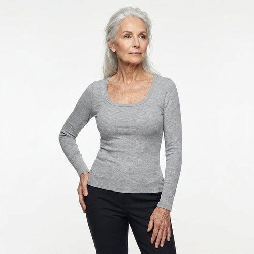 Mary's Tanks Contour Ribbed Long-Sleeve Top with Built-in Bra in Grey