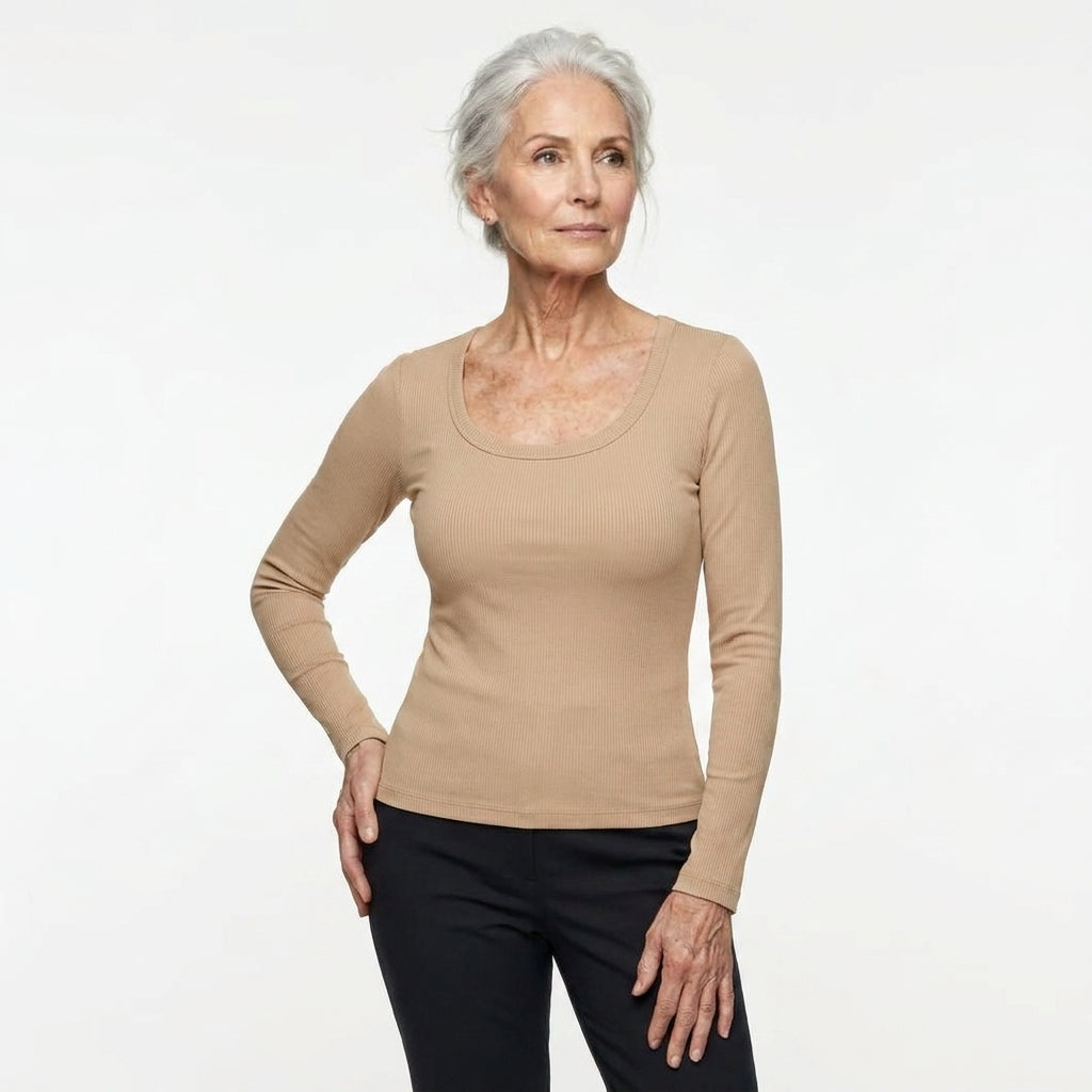 Mary's Tanks Contour Ribbed Long-Sleeve Top with Built-in Bra in Khaki