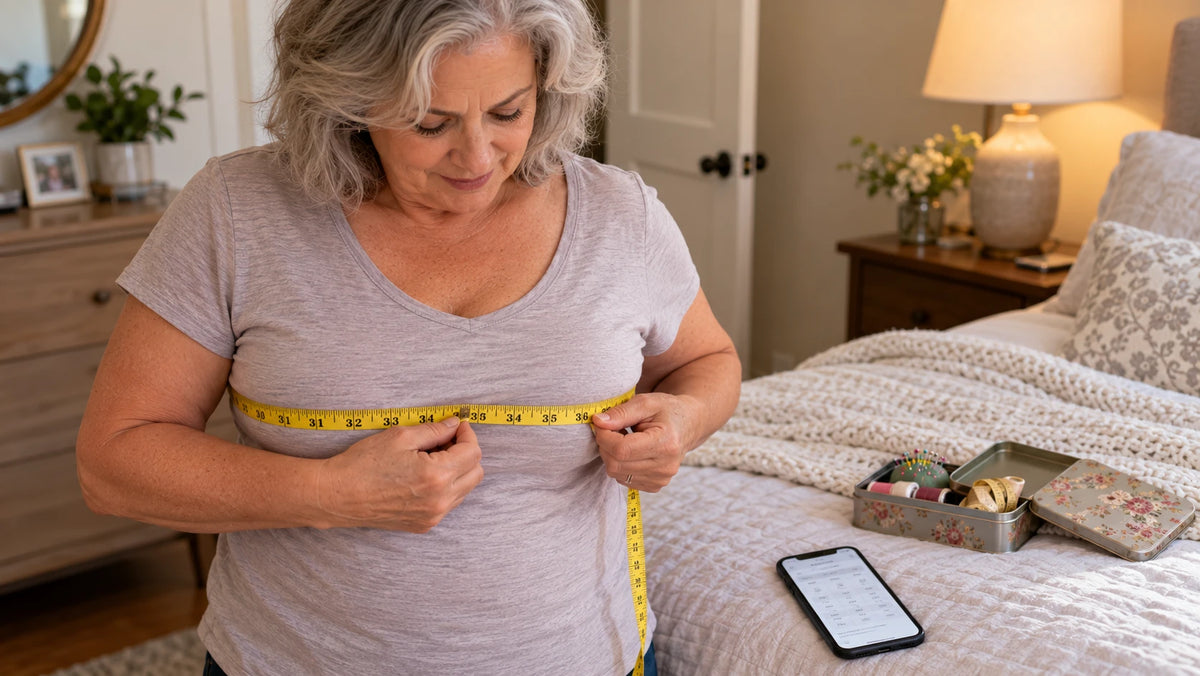 Tape measure laid across the bust with the Maggie's Tanks sizing chart