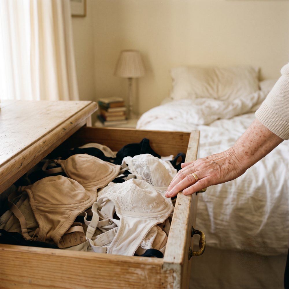 An open drawer of old bras