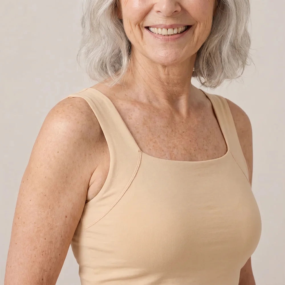 Maggie wearing the tank, showing the built-in support