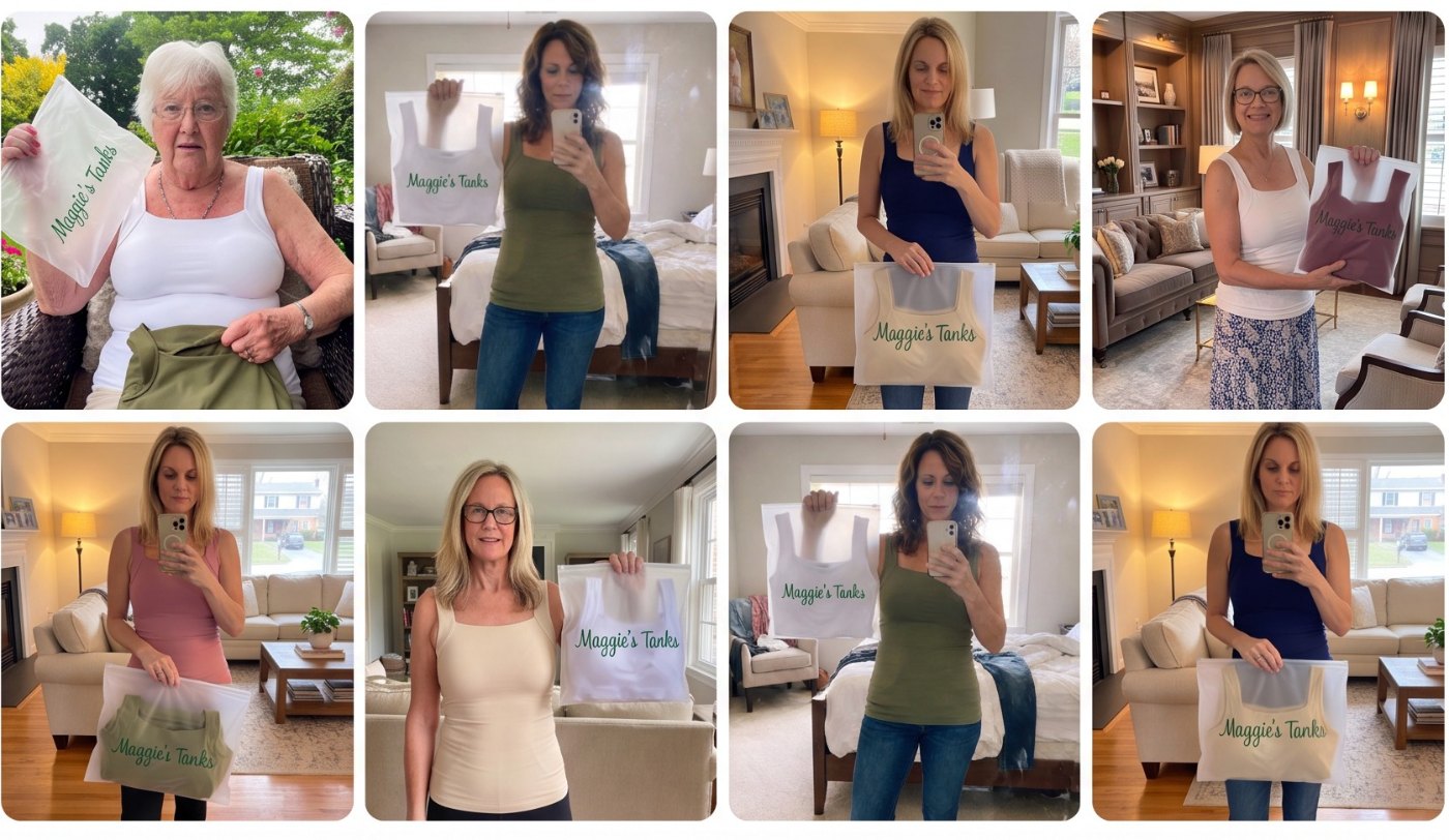 Eight customers wearing Maggie's Tanks at home
