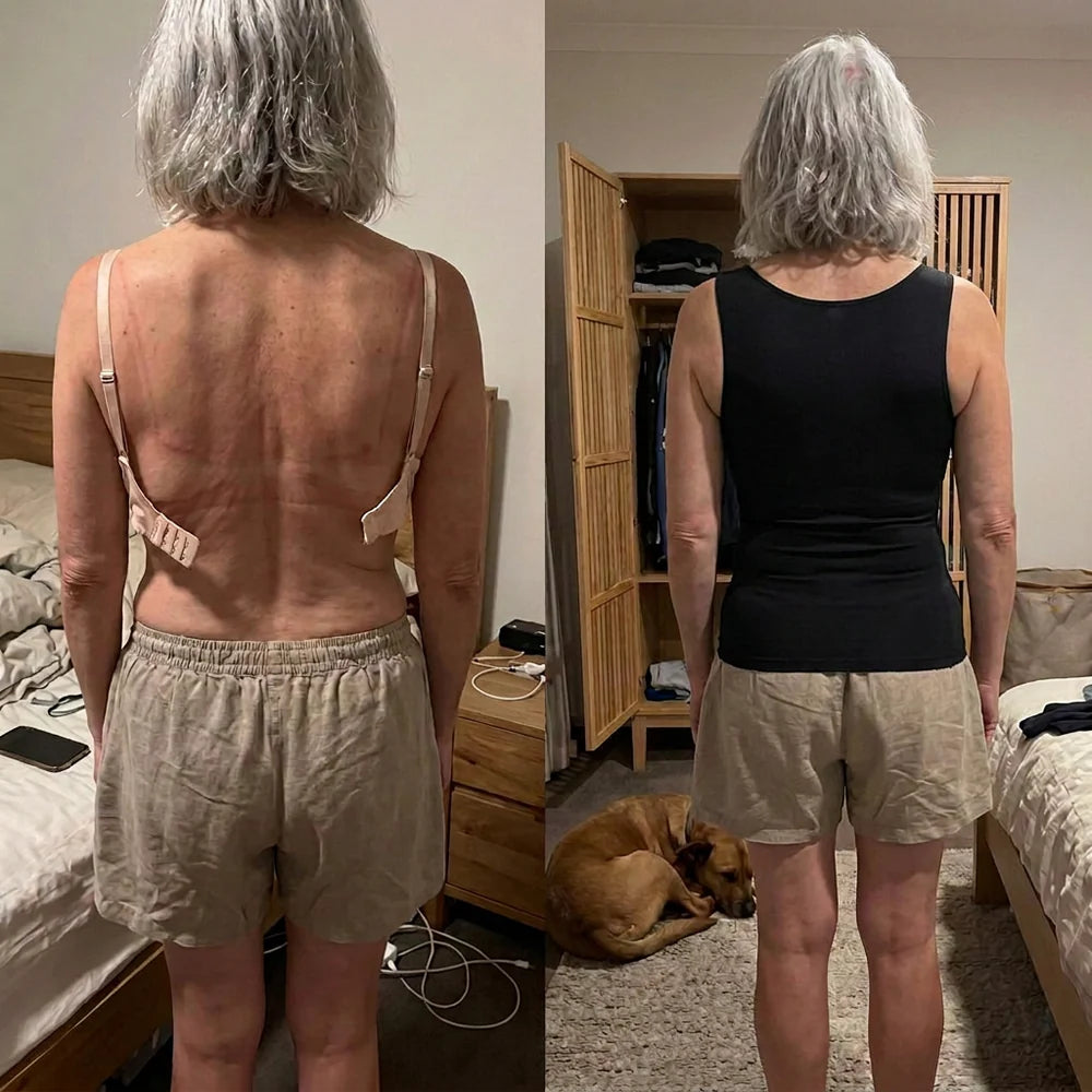 Maggie's back in an old bra, then in the tank