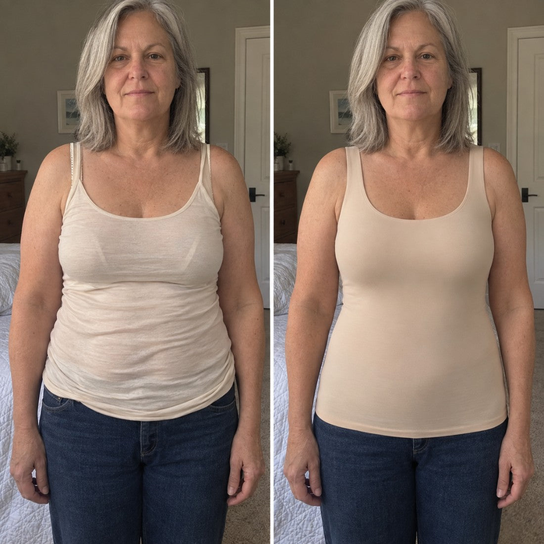 An ordinary cotton tank, then this tank, same woman and same jeans