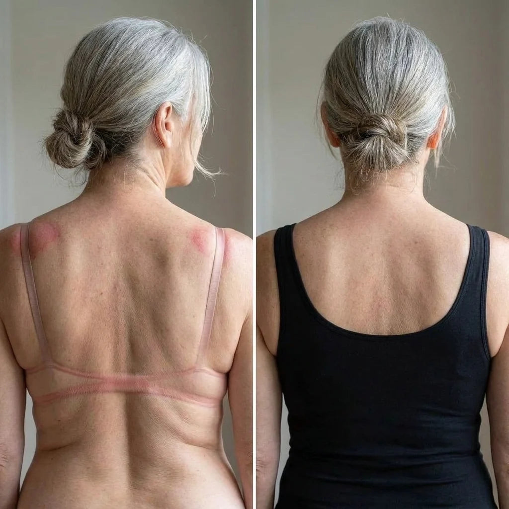 Deep bra strap and band marks on her back, then the same back in the tank