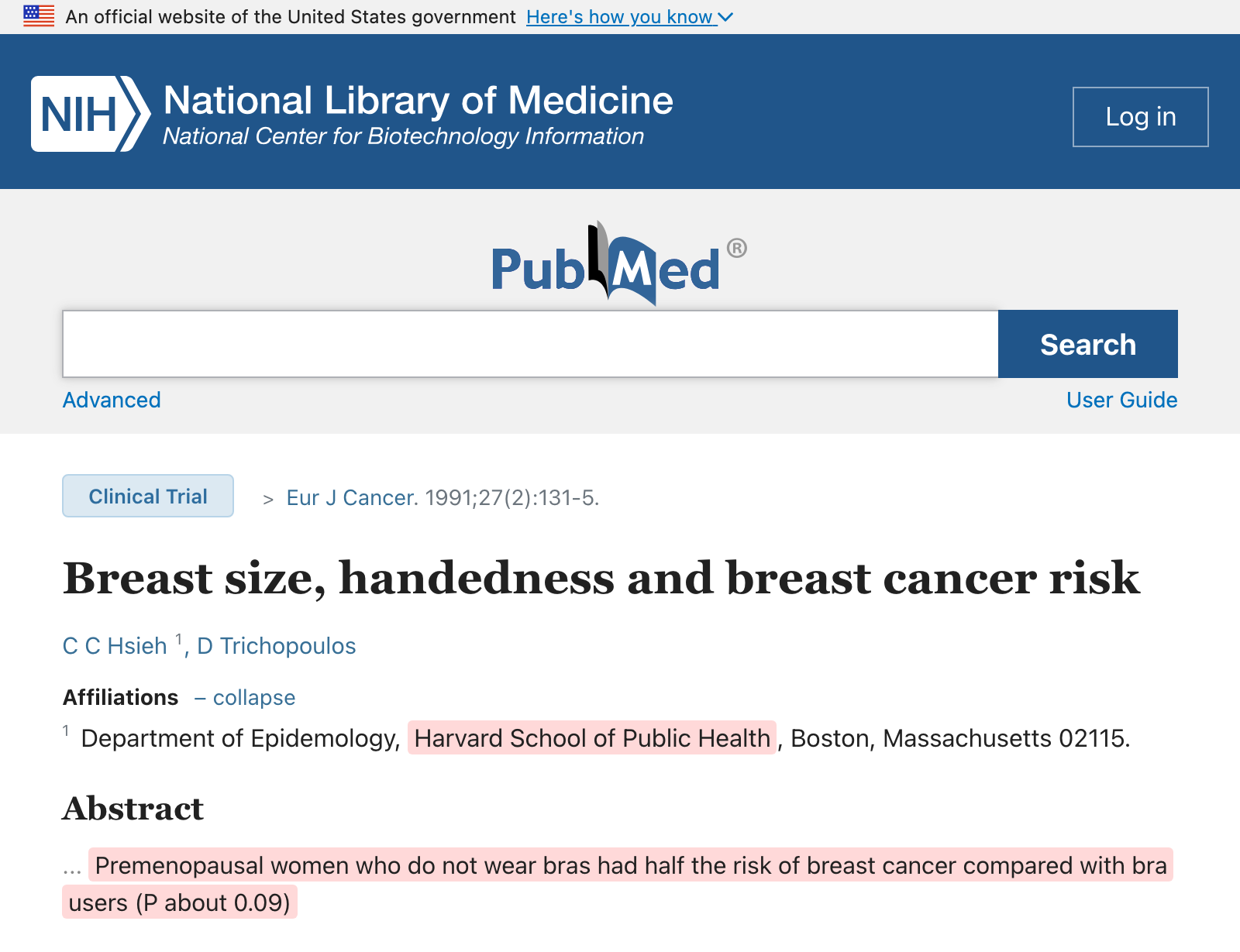 PubMed study on breast cancer risk