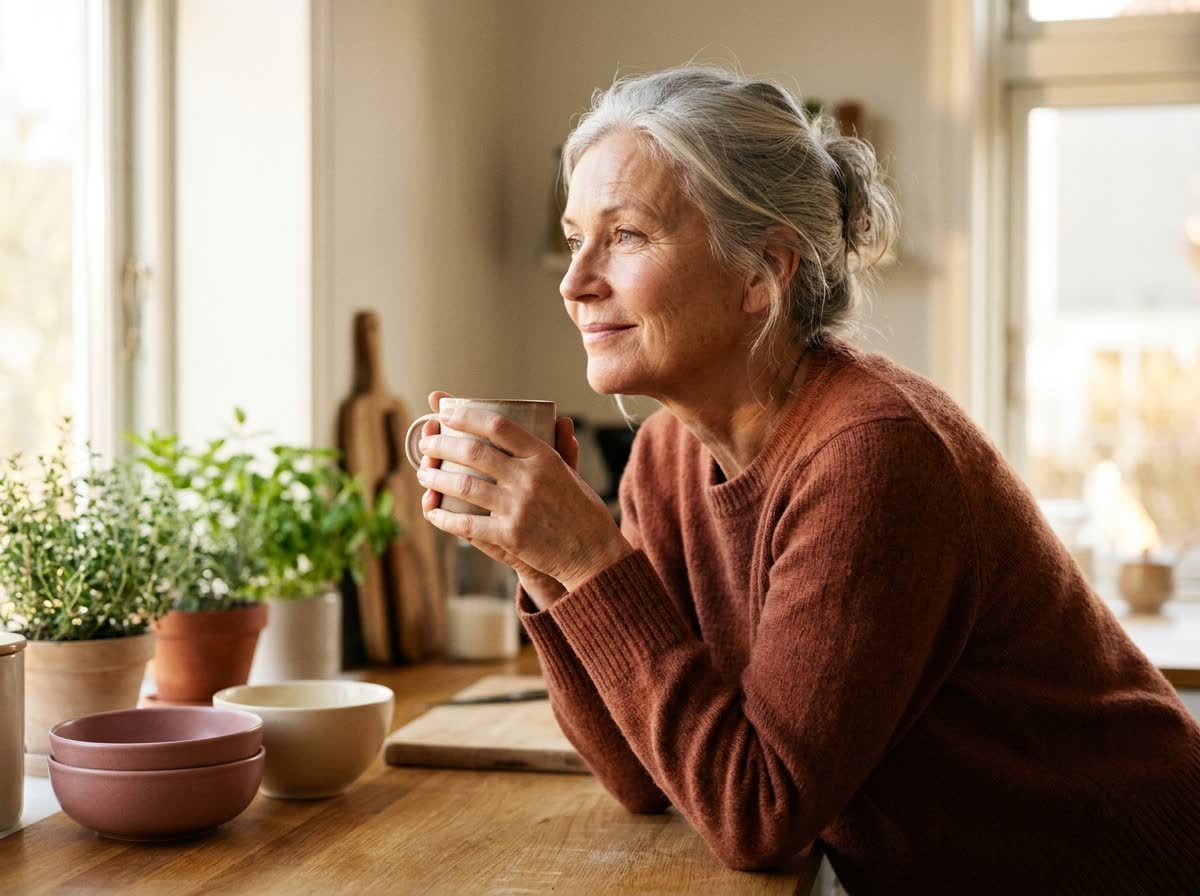 Woman in her kitchen with a morning coffee